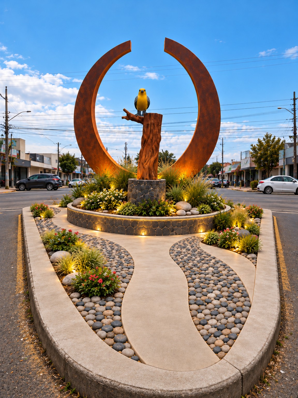 Imagen referencial de una propuesta de atractivo turístico en Yaruquí con escultura de ave, jardines, piedras de río e iluminación