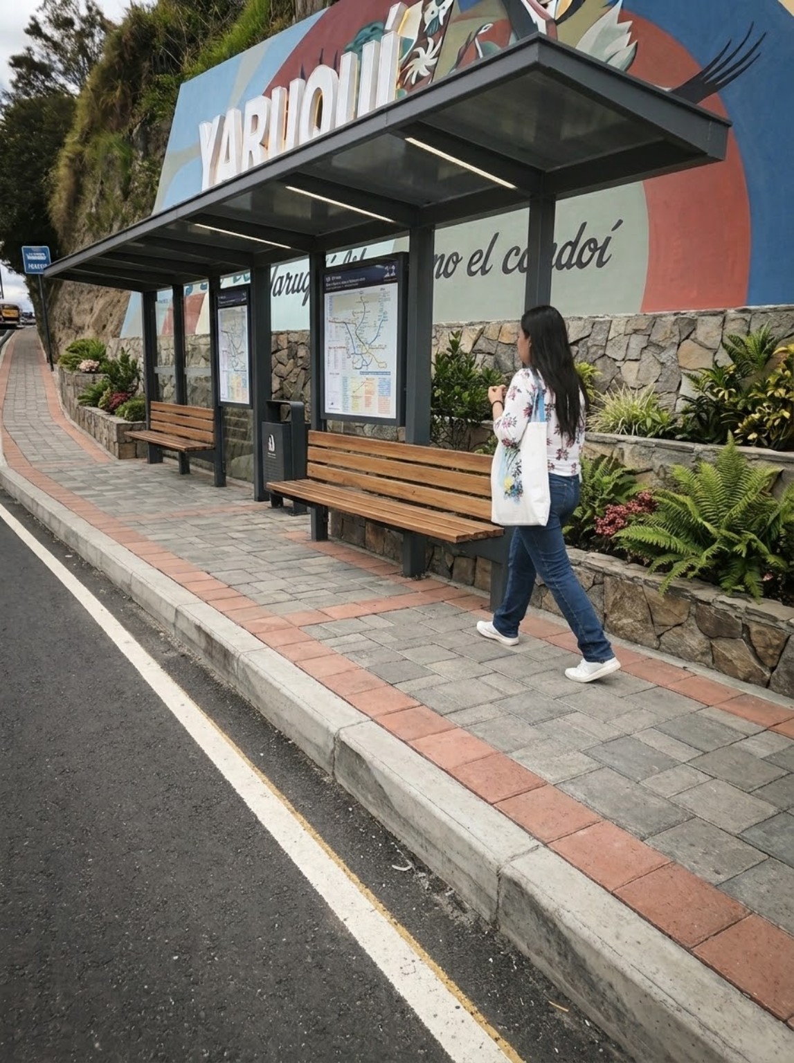 Imagen referencial de una propuesta de parada de autobús en Yaruquí, con cubierta, bancas y jardines